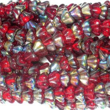 Czech Glass Bell Flower Beads Vitral Siam Ruby 8x6